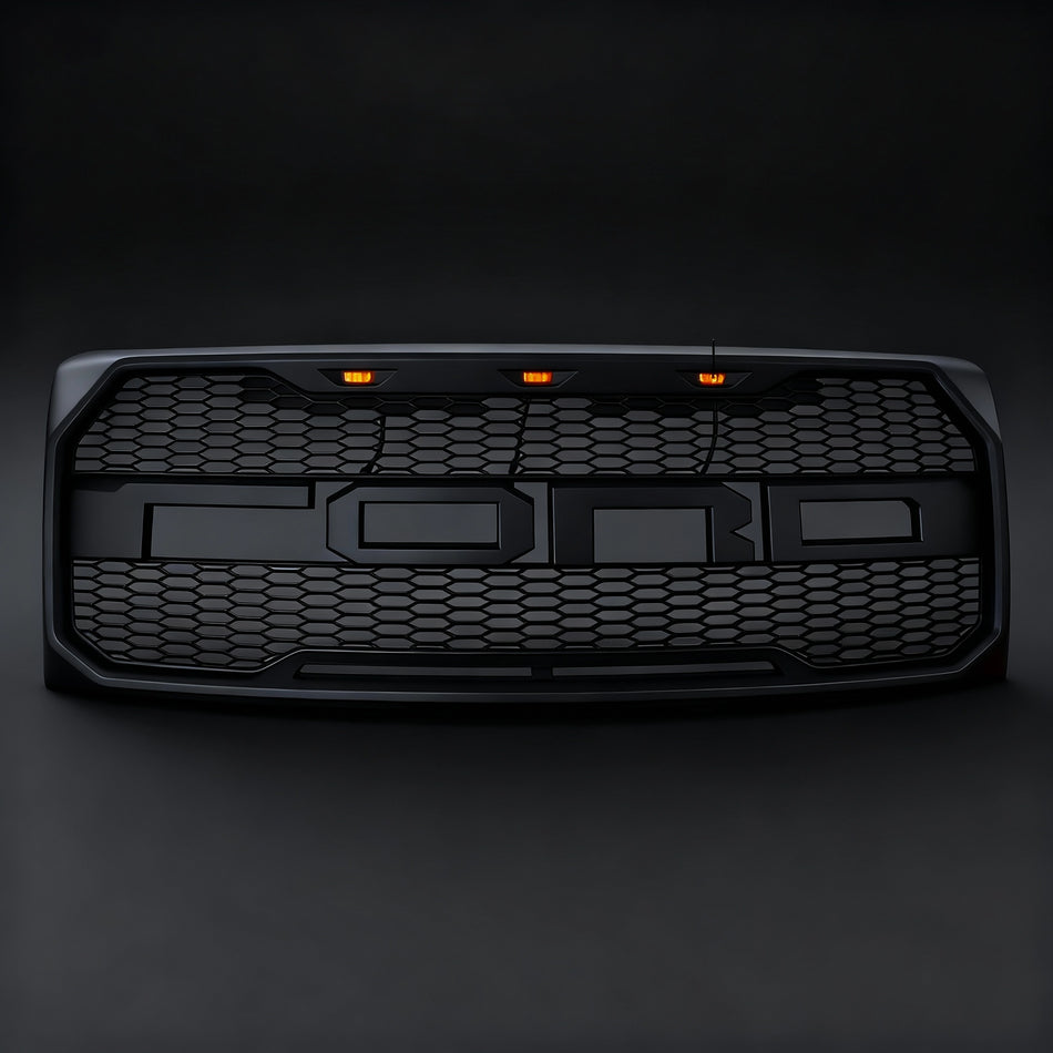2009-2014 Ford F150 Raptor Style Grill Front Bumper Grille wLED Lights Matte Black