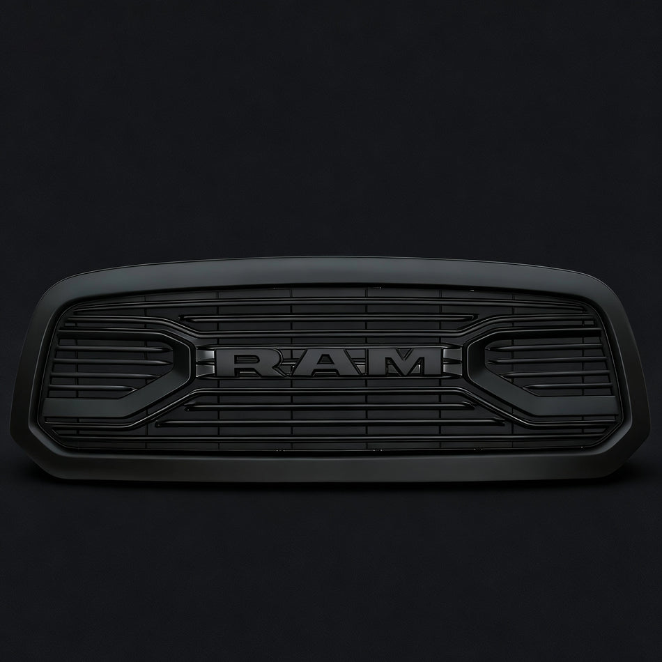Front Grille for 2013–2018 Dodge RAM 1500 TRD Style Matte Black Grille with Bold Letters & Mesh Design