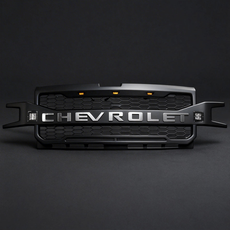 Front Grille For 2019-2022 Chevrolet Silverado 1500/Black Grille Upper Grill 3+2 LED Lights