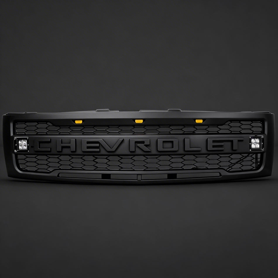 Grille For 2007-2013 Chevy Silverado Raptor Style Grill With 3+2 LED Lights & Emblem