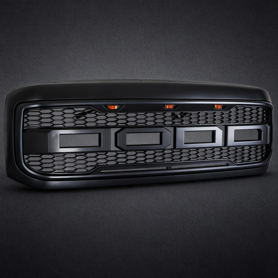 Fits 1999-2004 Ford F250 F350 Raptor Type Front Grille W/ LED/Letter Matte Black