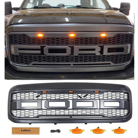 Raptor Style Grill Fit for 2005-2007 F250 F350 Super Duty W/LED Light,W/Letter（Matte Black）