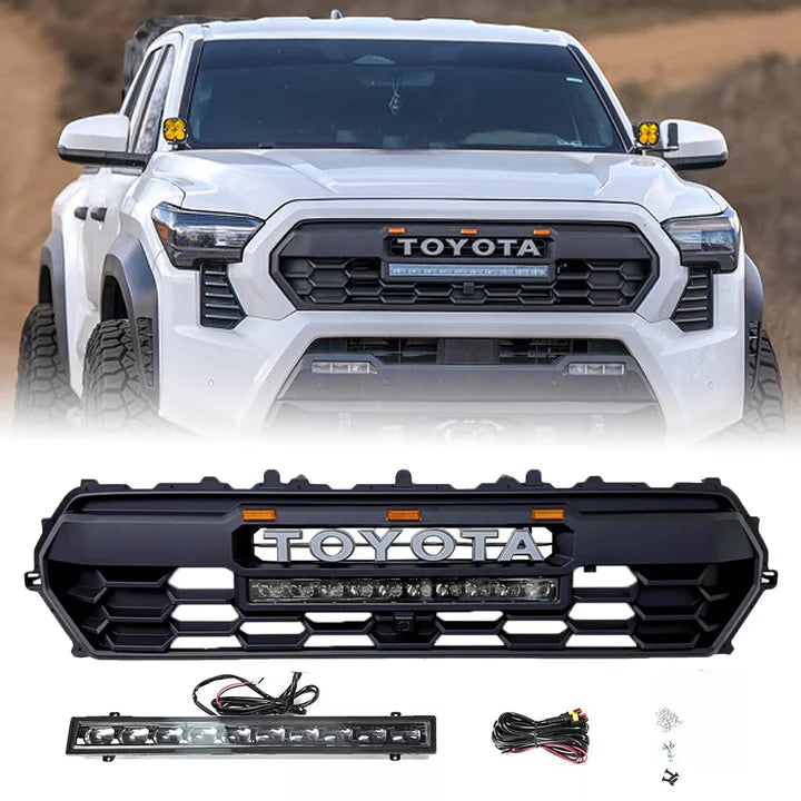 Front Grill for 2024-2025 Toyota Tacoma TRD PRO Grill Black Grille With Led & Light Bar & Letter