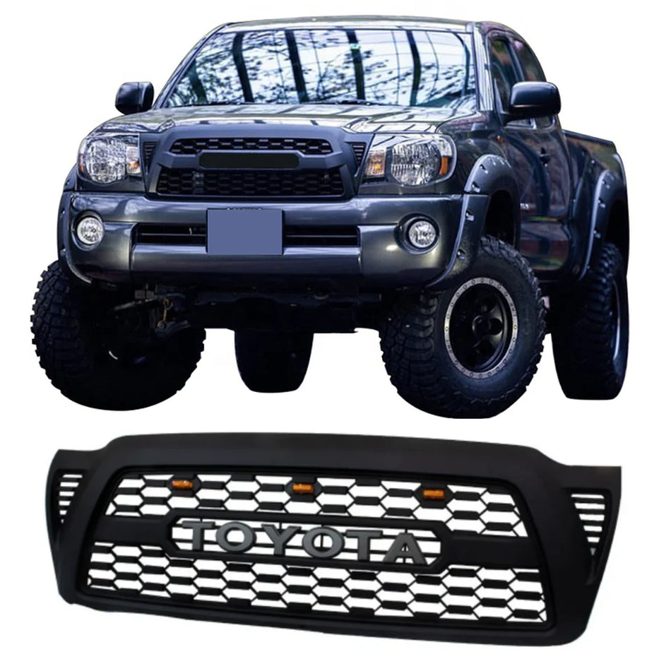 Front Grille for 2005–2011 Toyota Tacoma TRD PRO Style Matte Black with Letters & LED Lights