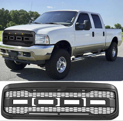 Fits 1999-2004 Ford F250 F350 Raptor Type Front Grille W/ LED/Letter Matte Black